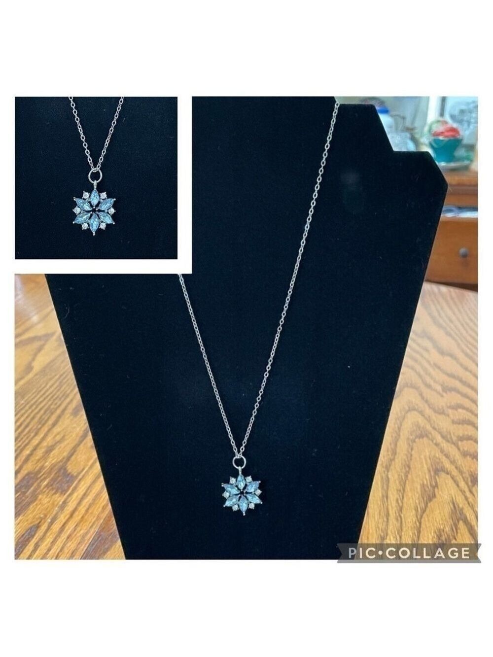 Necklace Snowflake Pendant Clear & Blue Crystals With Silver Tone Chain